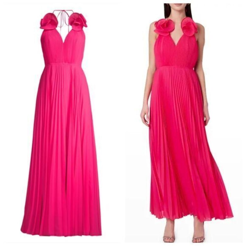 Milly Womens Open Back Halter Evie Pleated Maxi Dress Pink Size 4